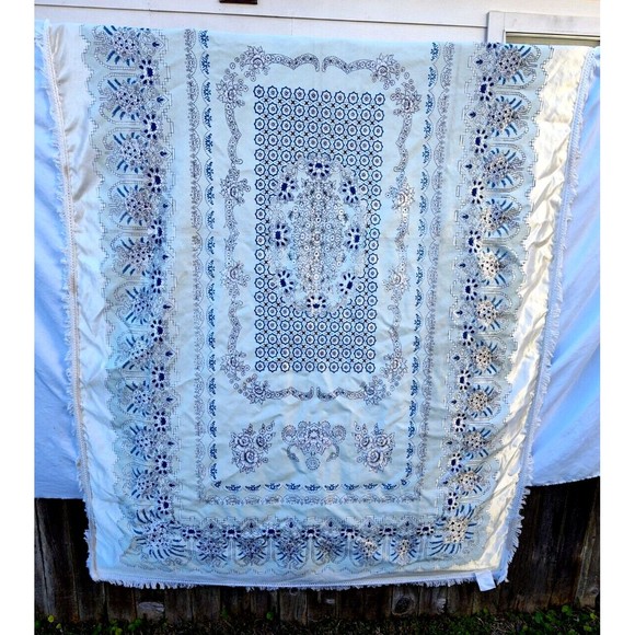 Alpha Ittech Tex Printed Blue Gray Silver Floral Tablecloth 85x53 Geometric Star - Picture 1 of 11